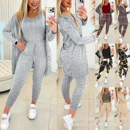 Women's Two Piece Pants 2024 Fashion Comfortable Home Furnishing Set Sports Casual Grey Tank Top Long Sleeve Coat 3-piece