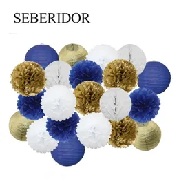 Barn Boy Communion Party Favor Gold Navy Blue Set Folding Round Paper Ball Lantern Girl Baptism 1st Birthday Wedding Diy Pompom 240127