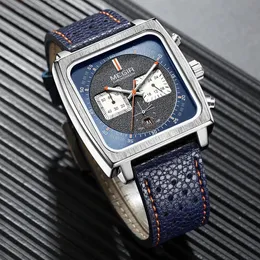 MEGIR Кварцевые часы с хронографом и квадратным циферблатом для мужчин, модный синий кожаный ремешок, повседневные спортивные наручные часы с датой, 24 часа 2182 240122
