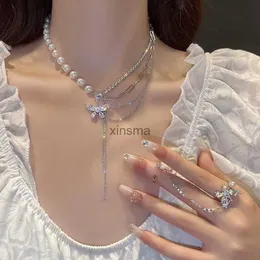 Chokers New Shiny Crystal Butterfly Necklace Exquisite Multi-layer Pearl Clavicle Chain Necklaces for Women 2022 Trend Aesthetic Jewelry YQ240201