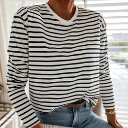 Women's T Shirts Shyloli Black White Striped Women T-Shirt O-Neck Long Sleeve Casual Basic Tops 2024 Autumn Fashion Female All-match Clothes