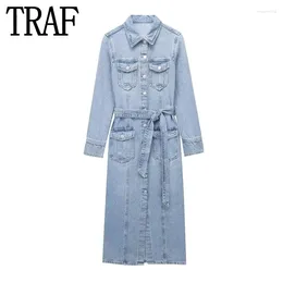 Abiti casual TRAF Abito in denim blu Cintura da donna Camicia di jeans midi 2024 Autunno elegante manica lunga da donna