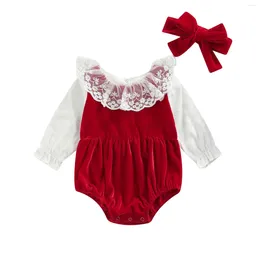 Rompers Infant Baby Girls Two-piece Clothes Set Wine Red Long Sleeve Lace Hem Romper And Headdress 0-24 Months