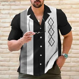 Mäns t-shirts herr casual vintage bowling skjorta retro randig kort ärmknapp ner skjortor strandskjorta herr toppar come q240201