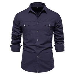 Aiopeson Sonbahar Stil% 100 Pamuk Cep Gömlek Erkekler için Düz Renk İnce Sıradan Erkek Gömlekler Uzun Kollu 240201