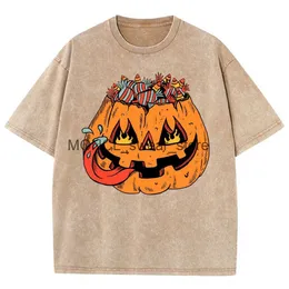 Herr t-shirts halloween tema tvättade y2k t skjortor vintage ond pumpkin grafisk tryck 100% bomull unisex tvätt detalj katttryck bomull tshirth24220