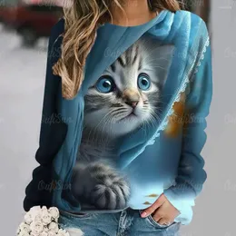 Koszulki damskie Kawaii Kitten Women Sweter Y2K T-shirt for Ladies Autumn Fashion O-Neck Tops Owwony harajuku długi rękaw