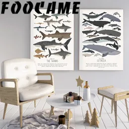 심해 생선 상어 Cetacea Science Poster Animal Deco 그림 영어 교육 캔버스 그림 아트 인쇄 벽 어린이 방 240127