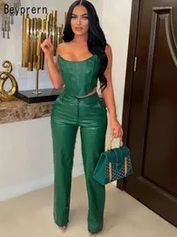 Women's Two Piece Pants Beyprern Green Corset Cut-Out Cargo Metallic Jumpsuits PU Leather Matching Set Sexy Clubwear 2 Outfits