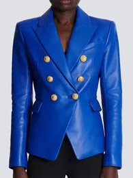 최고 품질의 EST 패션 디자이너 재킷 여성 더블 가슴 사자 버튼 슬림 피팅 인조 가죽 블레이저 240201