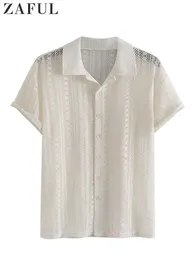 Cotton Sheer OpenWork Shirts For Men Sexy Spets Kort ärmar Transparent skjorta Summer Solidwear Tops Z5083175 240123