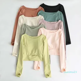 T Shirt 2024 LU ALIGN WOMIN'S TOPS TOPS CHEST PAD مكشوفة اليوغا الرياضية الرياضية الليمون Lemon Long-Sleeved Fiess T-Shirt جوارب ركوب الدراجات في الهواء الطلق Lemons Ops-Eights S