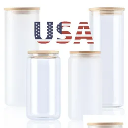 Tumblers USA CA Warehouse 16oz Buzlu Temiz Bira Bambu Kapak ve Plastik STS Süblimasyon Cam Kavanoz Damlası Dağıtım Ev Bahçesi DHSM9