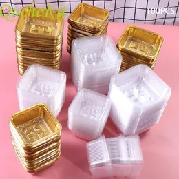 베이킹 도구 100pcs 50g Square Moon Cake 트레이 플라스틱 디저트 월 케이크 박스 100g 알림 퍼프 키친 포장지를위한 포장 상자