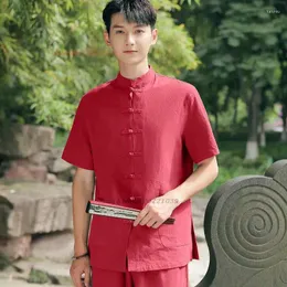 Ethnic Clothing 2024 Chinese Vintage Men Meditation Set Traditional Cotton Linen Tang Suit Oriental Buddhist Tops Pants Zen