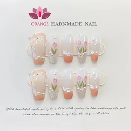 Imprensa artesanal quadrada em unhas com flor 3D projetada comprimento médio vermelho branco manicure wearable cobertura completa arte de unhas artificiais 240201