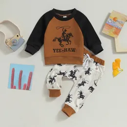 衣類は男の子の男の子秋の服の長袖の首の馬の手紙弾性ウエストスウェットパンツ幼児とスウェットシャツを印刷するスウェットシャツ