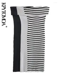 Casual Dresses KPYTOMOA Women Fashion Strapless Striped Knit Midi Dress Sexy Straight Neck Sleeveless Female Vestidos Mujer