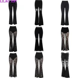 Y2K Gothic Black Lace Mesh Flared Pants Sexy Harajuku Aesthetic See Through Long Trousers Vintage Women Summer Pants Streetwear 240131