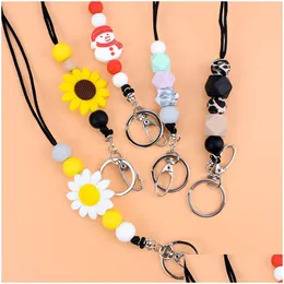 Sile Beaded Lanyard Strap With Id Holder And Keychains Super Cute Breakaway Necklace For Teachers Nurse Employees Students Drop Deliv Dhxst