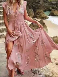 Abiti casual Abito lungo estivo Donna Elegante vintage senza maniche con scollo a V Stampa floreale Orlo ampio Poliestere lungo per appuntamenti quotidiani