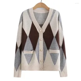 Maglieria da donna Cardigan taglie forti Donna 2024 Design primaverile Tasca grande Maglione a rombi con scollo a V Manica lunga Maglione lavorato a maglia Abiti curvi oversize