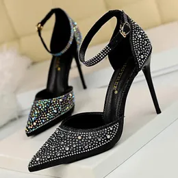 Senhoras sapatos femininos bombas stiletto doce sapato de casamento luxo mulher sandálias 10cm strass brilhantes sexy salto alto ouro 240126