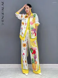 여자 2 피스 바지 shengpalae 과일 프린트 2 조각 세트 패션 여성 라펠 다목적 셔츠 탑 캐주얼 드로 스트링 바지 여름