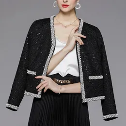 검은 빈티지 디자인 트위드 자른 재킷 여자 가을 겨울 럭셔리 진주 구슬 스팽글 우아한 모직 코트 스팽글 스팽글 차크 240124