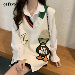 Donna Divertente Kawaii Cartoon Jacquard Harajuku Abbigliamento da strada Maglione lavorato a maglia Donna Casual Y2K Cappotto con scollo a V allentato 240202