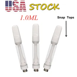 USA Stock Vollkeramikkartusche 1,0 ml Snap Tops Weißer Zerstäuberwagen 510 Gewinde Leerer Glastank Dickes Öl 4 Löcher Kartuschen Bleifrei 1000 Stück/Karton