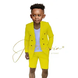 Zakończony żółty chłopiec z podwójnym piersi garnitury krótkie spodnie Summer Beach Groom Suit Casual Kids Business Wedding Blazer 240119