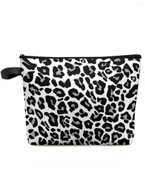 Borse per cosmetici Borsa per trucco con texture in pelle di leopardo bianco nero Borsa per il trucco Elementi essenziali da viaggio Astuccio per la conservazione della toilette da donna