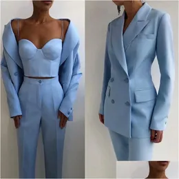 Women'S Two Piece Pants Womens Two Piece Pants Double Breasted Sky Blue Mother Of The Bride Suit Women Suits Ladies Formal Wedding Ev Dhleh