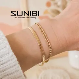 Link Bracelets SUNIBI Classic Double Layer For Women Stainless Steel Dainty Gold Plated Snake Cuban Chain Bracelet Jewelry Wholesale