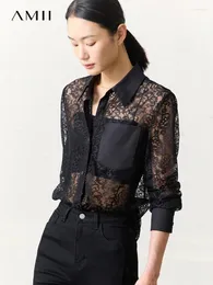 البلوزات النسائية Amii Mediorsalism 2024 Summer Loose Hollow Out Thirts Lace Townown Collar Office Lady Top Women 72352013