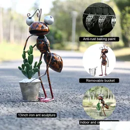 Dekorativa föremål Figurer Tooarts 13Inch Ant Scpture Iron Cartoon med avtagbar hinkträdgård eller skrivbordsdekor Sucent Flower Pot DHXD0