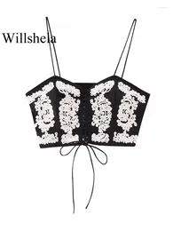 Women's Tanks Willshela Women Fashion Embroidery Lace Up Bandage Camisole Vintage Thin Straps Heater Neck Female Chic Lady Tops