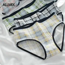 Calcinha feminina allmix 2024 bonito xadrez algodão esporte roupa interior sem costura cuecas meados de cintura feminino conforto respirável senhora lingerie