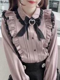 Women's Blouses Woherb Lace Bow Pink Blouse Women Y2k Japanese Kawaii Fashion Ruffle Shirt Harajuku Cute Ladies Tops 2024 Lolita Blusas