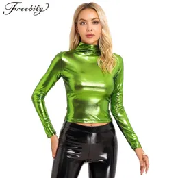 Womens Metallic Shiny Long Sleeve T-Shirt Fashion Shiny Slim Fit Mock Neck Cropped Tops for Cocktail Party Club Music Festival 240122