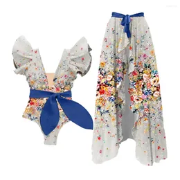 Kvinnors badkläder Ruffled Floral Print Colorblock One-Piece Swimsuit och Cover-Up Designer Baddräkt Summer Surf Wear