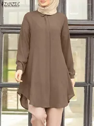 Ethnic Clothing Fashion Women Muslim Shirt ZANZEA Spring Elegant Long Sleeve Solid Blouse Marocain Eid Mubarek Ramadan Turkey Tops Abaya