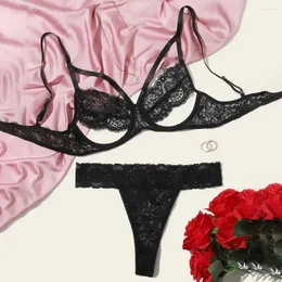 BHs Sets Sexy Hohl Porno Dessous Frauen Plus Größe Spitze BH Set Zurück Taste Unterwäsche Schwarz Charmante Nachtwäsche Lingerine Outfit