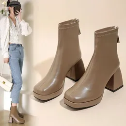 Heels Women High for Chunky Fashion Boots Ankle Platform Stretch Fabric Square Toe White Sole Zipper Young Lady Booties 2024 276 Plat 76 m