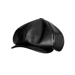 Newsboy Hats Black PU Leather Newsboy Hats For Women Men Octagonal Cap Male Autumn Winter Vintage Duckbill Hats Beret NC15 zln240202