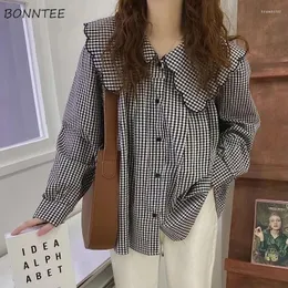 Blusas femininas camisa de primavera mulheres adorável elegante macio estudante simples xadrez all-match chique tops peter-pan-collar moda roupas vintage
