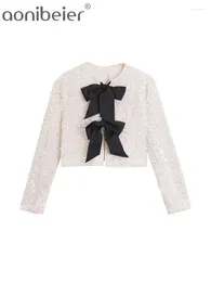 Jaquetas femininas Aonibeier Y2K Lantejoulas brilhantes Mulheres Casaco Traf 2024 Primavera Patchwork Bow Tied Cardigan Manga Longa Festa Jaqueta Feminina Crop Top