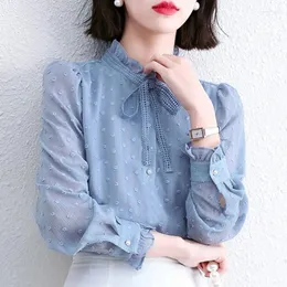 Women's Blouses Spring Autumn Elegant Stand Collar Shirt Stylish Drawstring Bow 2024 Female Clothing Korean Solid Color Chic Pearl Button