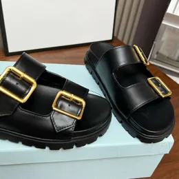 Designer Footbed Sandals Women Beach Slides Leather Fashion Buckle Slide Summer Slip On Slippers Black White Outdoor Shoes With Box 520